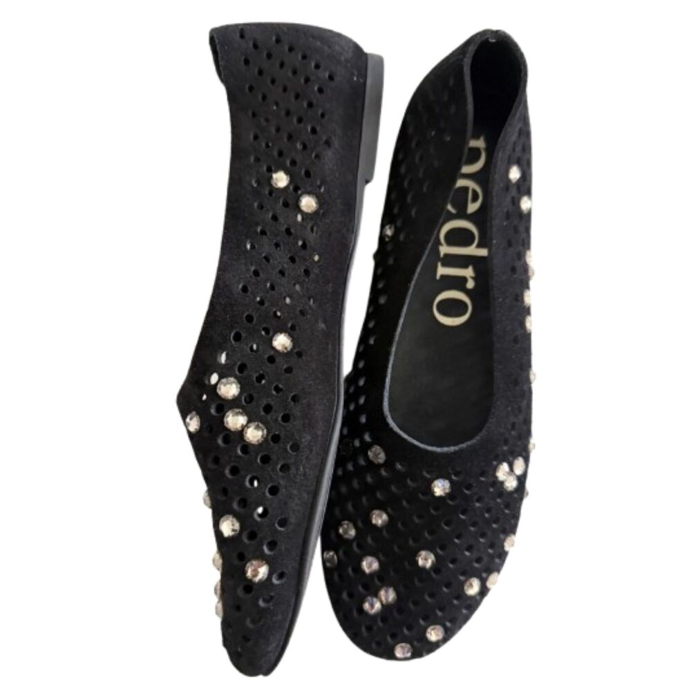 NWOB Pedro Garcia Black Suede Crystal Swarovski Studs Flats Size 37/ US 7